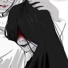 an anime character with blood on her face and long black hair, standing next to another character