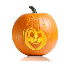 a carved pumpkin with an animal face on it's side and eyes drawn into the shape of a cat