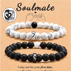 About This Item Couples Bracelets With Matching Ring-- This Couples Bracelet Is Designed For Love. The Puzzle Heart Design On The Ring Will Match Perfectly Into One Heart, Which Means That No Matter Where You Are, We Will Always Have A Piece Of Each Other's Heart Just Like These Couples Bracelets. Material-- The Black One Is Made Of Black Matte Agate Stone And The Other Is White Howlite Stone, Which Is Suitable For Daily Wear And Any Occasion. Both Of Them Feature A Stainless Steel Ring Engraved Half Of The Heart. A Durable Elastic String Made The Bracelet Sturdy And Easy To Put On And Take Off. Size-- The Men's Bracelet Measure Around 7.5inches And The Women's Bracelet Mea Black Couples Bracelets For Anniversary, Heart-shaped Bracelets For Valentine's Day Anniversary, Heart-shaped Bracelet For Valentine's Day Anniversary, Meaningful Gifts For Boyfriend, Couples' Black Promise Bracelets, Couples Black Heart-shaped Bracelets, Couples Bracelets, Couples Bracelet, Couple Ring