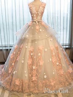 Cheap Pink Quinceanera Dresses Sweet 15 Lace Applique Long Prom Dresses AWD1035-SheerGirl Champagne Quinceanera Dresses, Quinceanera Dresses Pink, Pink Ball Gown, Pink Evening Dress, 파티 드레스, Long Prom Gowns, Sweet 15, Lace Evening Dresses, Tulle Prom Dress