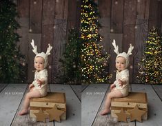 a baby sitting on a wooden bench in front of a christmas tree and wearing a reindeer hat