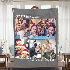 a personalized blanket with four photos and the words, always & forever on it