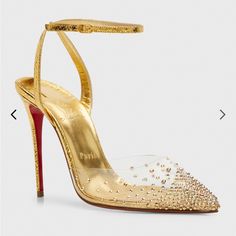 Brand New Never Used! 100% Authentic Details Christian Louboutin "Spikaqueen" Crystal Studded Clear Pvc Amd Metallic Leather Pumps 4.00 In / 100 Mm Stiletto Heel Pointed Toe Adjustable Anle Strap Signature Louboutin Red Leather Outsole Made In Italy Online Inquiries: Nms21_x5vhg Store Inquiries: #4382398 About Christian Louboutin: French Designer Christian Louboutin Introduced His Namesake Collection In 1991, And His Powerfully Feminine Shoes Soon Became Must-Haves For Stylish Women Everywhere. Gold Heels With Red Sole And Round Toe, Gold Heels With Red Sole For Party, Christian Louboutin Iriza, Christian Louboutin Pigalle Follies, Feminine Shoes, Christian Louboutin Kate, Christian Louboutin Pigalle, Christian Louboutin So Kate, Red Louboutin