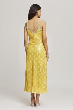 Yellow dress with all over sequin embellishments in geometric pattern, accentuated with pearls and stone work belt detailing. - Aza Fashions Sequin Dress For Party Season Reception, Sequin Dress For Reception And Party Season, Formal Sleeveless Hand-embellished Dress, Embellished Dresses For Reception And Party Season, Evening Maxi Dress With Mirror Work, Fitted Party Wear Dresses With Mirror Work, Festive Mirror Work Sleeveless Dress, Festive Sleeveless Dress With Mirror Work, Summer Party Dress With Mirror Work