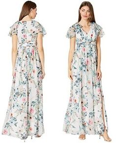 Fitted Floor-length Chiffon Dress For Garden Party, White Flowy Chiffon Dress For Garden Party, White Floral Print Chiffon Wedding Dress, White Fitted Chiffon Dress For Garden Party, White Fitted Chiffon Dress With Short Sleeves, Feminine White Short Sleeve Chiffon Dress, Feminine White Chiffon Short Sleeve Dress, Elegant Short Sleeve Chiffon Dress For Garden Party, White Short Sleeve Feminine Chiffon Dress