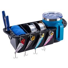 the fishing caddy is filled with lures and hooks