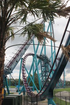 a roller coaster in the middle of a park with palm trees and cloudy skies behind it