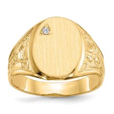 Elevate your style with this exquisite 14k Yellow Gold Diamond Men's Burnish Signet Ring. Crafted from solid 14k yellow gold, this stunning ring is designed to withstand the test of time while exuding sophistication and elegance.  The focal point of this ring is the dazzling I1 Clarity G-I Color Diamond, adding a touch of luxury and refinement to the overall design. The diamond is carefully set in a burnish setting, giving it a sleek and modern look that is perfect for the contemporary man.  With a band width tapered from 4 to 14 mm, this signet ring offers a comfortable fit while still making a bold statement. The ring top dimension of 11 x 15 mm gives it a substantial presence on the finger, making it the perfect accessory for any occasion.  Whether you're dressing up for a special event Diamond Signet Ring, Yellow Pearl, Seahorse Pendant, Ring Mountings, Vs Diamond, Heart Pendant Diamond, Yellow Gold Earring, Types Of Rings