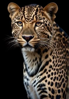 a close up of a leopard on a black background with only one eye visible for the camera