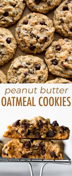 peanut butter oatmeal cookies stacked on top of each other with chocolate chips