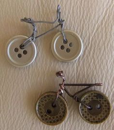 two buttons are attached to the back of a bicycle wheel and hang on a wall