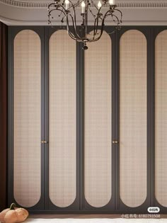 a room divider with four doors and a chandelier hanging from the ceiling