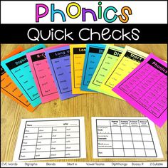 the phonics quick check is displayed on a table with five different colors and numbers