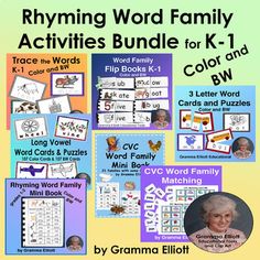 the rhyming word family activities bundle for k - 1 color and bw