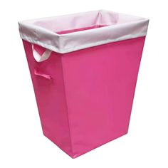 a pink storage bin with white trim on the side