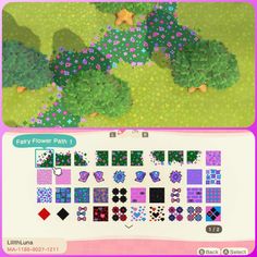 an animal crossing game with lots of different patterns and colors on the screen, including flowers