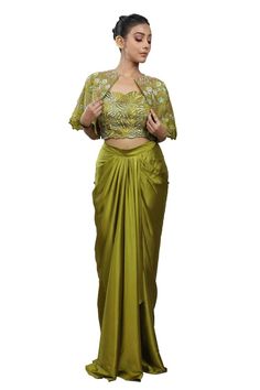 Lime green short cape with hand embroidery. Comes with solid draped skirt and sequins, cutdana, glass beads embroidered padded blouse. - Aza Fashions Green Evening Sets With Cape Sleeves, Elegant Green Sets With Cape Sleeves, Fitted Green Draped Sets, Draped Skirt Pattern, Sweetheart Blouse, Sequins Blouse, Sequin Cape, Satin Hands, Lime Green Shorts