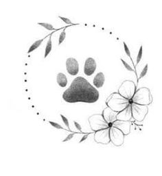 a drawing of a dog's paw and flowers in a circle with leaves around it