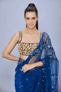 Sapphire blue net and polyester satin padded blouse with gold floral, sequins, beads and stones hand embroidery. - Aza Fashions Shaded Saree, Saree Gowns, Cotton Sarees Handloom, Square Neck Blouse, Ruffle Saree, Padded Blouse, Saree For Women, Blue Saree, Lehenga Saree