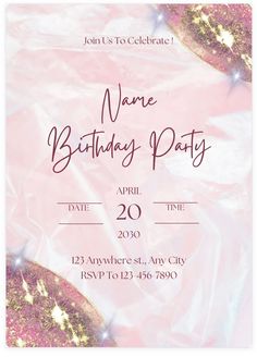 a pink and gold birthday party card with glitters on the edges, in front of a white background