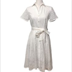 Brooks Brothers White A-Line Dress -Excellent Condition! -Pleated Skirt -2 Front Pockets -Tie-Sash At Waist -Fully Lined -100% Cotton 36” Length 15” Waist (Laid Flat) 17.5” Underarm To Underarm Elegant Belted Short Sleeve Dress For Daywear, Elegant Short Sleeve Belted Dress For Daywear, White Elegant Shirt Dress With Tie Waist, Elegant White Belted Dress For Formal Occasions, Spring White Belted Daywear Dress, Elegant White Belted Shirt Dress, White Belted Dress For Formal Spring Occasion, Classic Spring Dress With Tie Waist, Classic Spring Dresses With Tie Waist