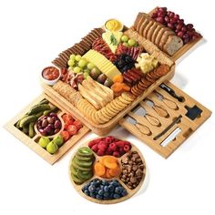 a wooden platter filled with lots of different types of food