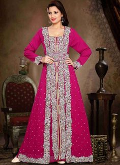 Wedding moroccan Style caftan Magenta Color, Georgette Fabric, Handmade, Silver Embroidered, Moroccan Style – Arabic attire #dubaikaftan #kaftanusa #purplekaftan #handbeaded #maxidress Jalabya Design, Embroidered Kaftan, Kurti Embroidery, Kurta Cotton, Moroccan Kaftan, Moroccan Caftan, Islamic Clothing, Caftan Dress, Gold Embroidery