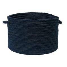 a large blue rope basket on a white background with a black cord in the middle