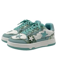 These cute blue sneakers have a vegan leather upper with an aesthetic star design, a low ankle rise and a lace up in front ✨ Material: Vegan Leather Run small, please review the sizing information Sky Blue Sneakers, Kawaii Sneakers, Aesthetic Sneakers, Aesthetic Star, Summer Grunge, Star Child, Anime Lingerie, Artsy Outfit, Y2k Summer