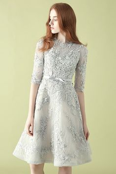 Shop low price gorgeous silver lace half sleeve a-line tulle wedding party dress online. Custom-made any size or color. Pro since 2009. Dress Brokat Anak, Dress Katun, Blue Weddings, Homecoming Dresses Lace, Dream Prom, White Homecoming Dresses, Print Chiffon Dress, Party Dresses Online, Dress Homecoming