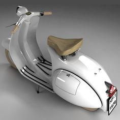 a white motor scooter with a brown seat