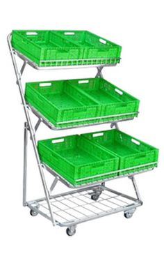 three green plastic baskets are stacked on top of each other, with wheels to the side