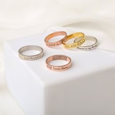 This couple's Ring is perfect for everyday wear. The Minimalist style design. Couple's Engraved Ring are available in silver, gold, and rose gold. Also, this promise rings for couples can be engraved however you desire Type your name, Where you and your lover First Met or other special meaning words to design it, make your rings unique and show off your personality. Suitable for all kinds of occasions, wedding day gift, girlfriend Valentine's Day gift, wife birthday gift, anniversary ring... And Stainless Steel Rings With Engraving Option For Wedding, Wedding Rings With Engraving Option In Stainless Steel, Stainless Steel Wedding Rings With Engraving Option, Customizable Engraved Open Promise Ring, Adjustable Engraved Midi Rings For Anniversary, Customizable Open Engraved Ring For Wedding, Customizable Engraved Wedding Ring, Stainless Steel Stackable Promise Ring, Adjustable Engraved Ring With Text For Promise