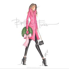 a watercolor drawing of a woman in pink coat and black pants holding a green wreath