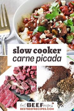 slow cooker carne picada recipe collage with text overlay that reads, slow cooker carne picada