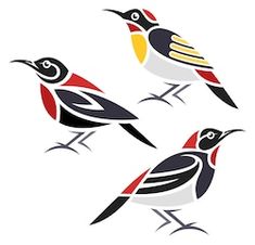 three colorful birds sitting on top of each other in the same color and pattern,