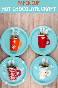 three plates with hot chocolate cups on them and the words paper cup hot chocolate crafts