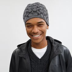 Add our Signature to your style with this warm wool-blend beanie. Offering two looks in one it reverses from our Signature on one side to a solid on the other detailed with our name. | Coach Reversible Signature Beanie - Grey Coach Hat, Backpack Charm, Grey Beanie, Wool Beanie, Midnight Navy, Fit Inspo, New Handbags, Fitness Inspo, Your Style