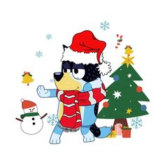 a cartoon dog wearing a santa hat and scarf next to a christmas tree