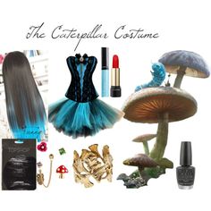 the costume is blue and black with mushrooms, lipstick, nail polishes, necklaces, and other accessories