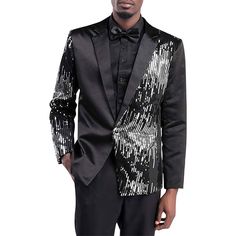 A stage effect men's dinner jacket with a gradient color sequin design on the left chest and right arm. You can show your personality at parties, proms, and other occasions. Product Detail Material: 70% Polyester 30% Viscose Design One button & Notch Lapel & Color uniformity sequins on the left breast and right arm Package 1*Jacket Occasion Party / Stage / Red Carpet / Prom / Homecoming Red Carpet Prom, Mens Dinner Jacket, Red Carpet Party, Black Dinner, Title Font, Dinner Jacket, Sequin Design, Professional Wardrobe, Sequin Jacket