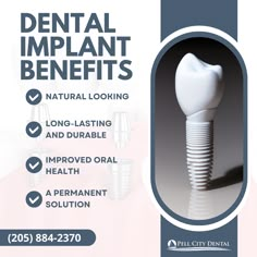 A dental implant is a great option for restoring your smile because the implant is designed to look, function, and feel just like your natural teeth, and with proper care, it can last a lifetime. For more information about the benefits of implant dentistry, and to schedule your implant consultation, please call or visit us soon. Call us ☎️ 205-884-2370 #PellCityDental #Alabama #PellCityAL #ScottBarnettDMD #Dentistry #DentalImplants Dental Implant Poster, Dental Implants Creative Ads, Dental Post Ideas, Dental Creative Ads, Dental Information, Dental Ads