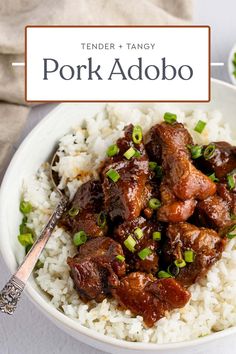 a white bowl filled with pork and rice