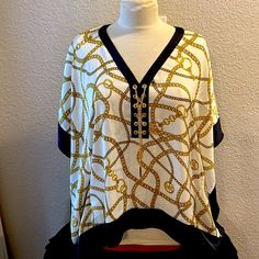 Nwt Michael Kors Cream & Black Blouse With Gold Chain Accent Size S/M Chic Gold Beach Top, Chic Gold Beach Tops, Studded Sweater, Black Sleeveless Blouse, Half Sleeve Blouse, Grey Leopard Print, Dolman Sleeve Tops, Printed Sleeveless Top, Animal Print Blouse