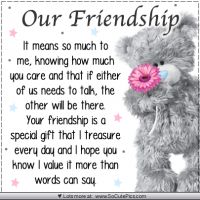 a teddy bear with a pink flower in its mouth and the words, our friendship