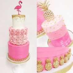 two pictures of a pink and gold cake with a pineapple topper on it