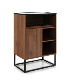 the sideboard is made from wood and has an open shelf on one side, with black metal legs