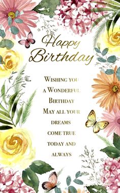 a birthday card with flowers and butterflies