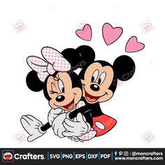 mickey and minnie hugging each other with hearts in the air on top of their heads