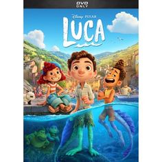 the movie poster for luca, featuring two children and an adult swimming in water